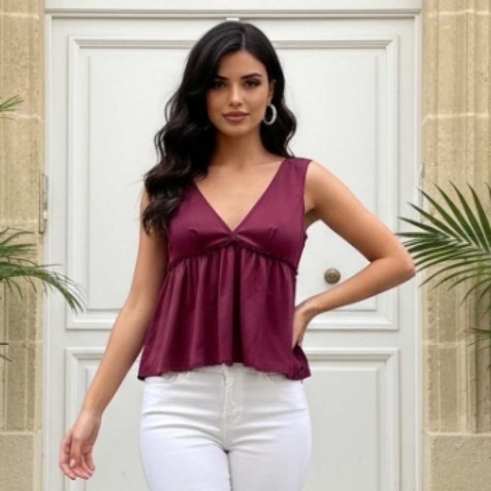 SHEIN Burgundy V-Neck Sleeveless Gathered Babydoll Tank Top Balletcore Sz Large